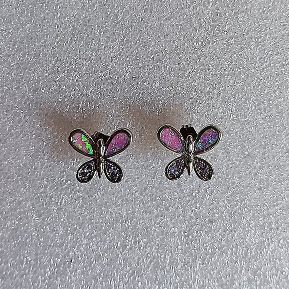 New - Butterfly With Pink Fire Opal and Amethyst Silver Stud Earrings - Picture 6 of 7